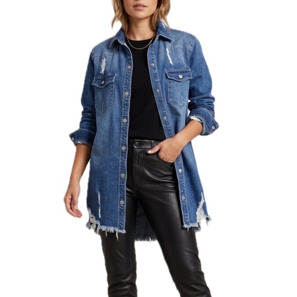 Love Tree Distressed Denim Shirt Jacket Dress Med Wash Raw Hem Shacket Womens S